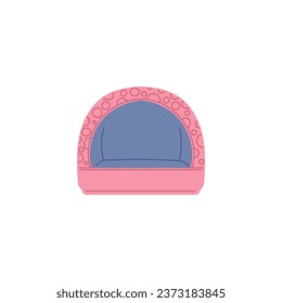 Bed for pets hamster or mice, dog or cat. Flat vector illustration of goods for small domestic animals. Cozy pink soft bed with round pattern. Cute home pet care lair isolated on white background
