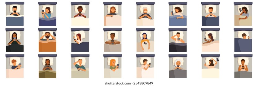 Bed phones icons set. People lying in bed and using their smartphones before sleeping at night