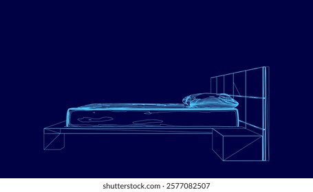 Bed with a pillow on it is shown in a blue color. The bed is empty and the pillow is placed on top of it. The image has a calm and peaceful mood, as it depicts a simple