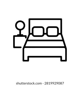 Bed with pillows beside nightstand and round lamp, black and white line art vector illustration