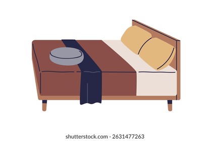 Bed with pillows and blanket. Cozy wooden bedroom furniture in modern style, soft mattress, cushions, neat textile for comfortable sleep. Flat vector illustration isolated on white background
