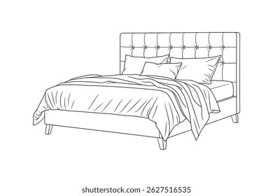 Bed with Pillows and Blanket line art vector