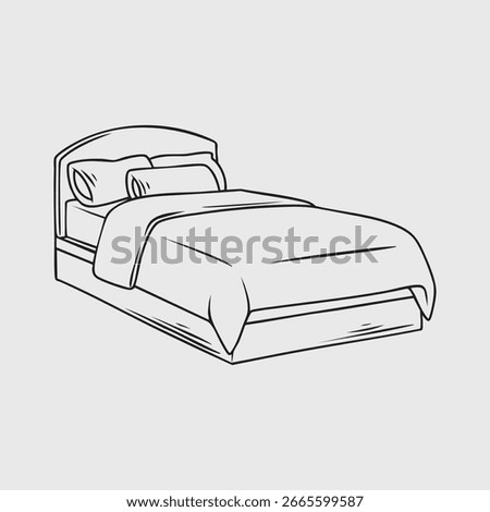 Bed with Pillows and Blanket in Line Art Style