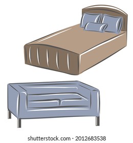 Bed with pillows and blanket and sofa for bedroom decor. A set of furniture for a classic interior. Interior design. Isolated vector objects.