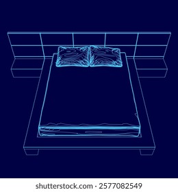 Bed with pillows and a blue background. The bed is shown in a blue color. The bed is a modern design with a blue frame