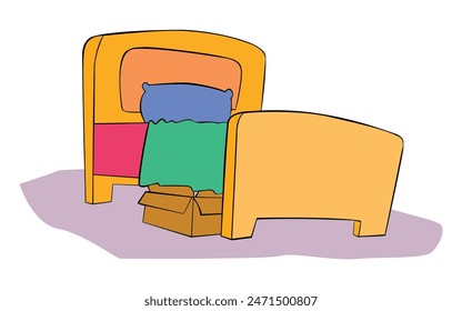 Una cama con almohadas y una caja debajo