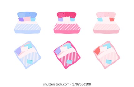 Bed with pillows flat color vector objects set. Double bed with cushions. Pastel beddings. Bedroom furniture isolated cartoon illustration for web graphic design and animation collection