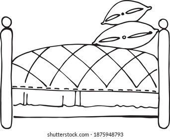 bed with pillows, home decor, vector illustration, line art, for children