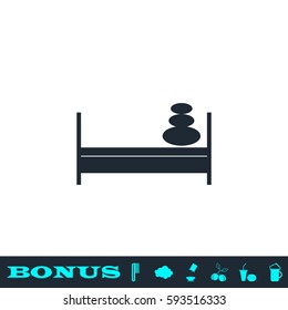 Bed with pillows icon flat. Black pictogram on white background. Vector illustration symbol and bonus button