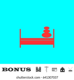 Bed with pillows icon flat. Red pictogram on blue background. Vector illustration symbol and bonus buttons Music center, corkscrew, credit card, house, drum