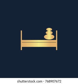 Bed with pillows icon flat. Simple gold pictogram on dark background. Vector illustration symbol