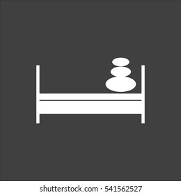 Bed with pillows icon flat. Vector white illustration isolated on black background. Flat symbol