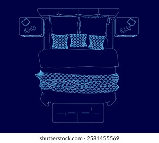 A bed with pillows and a nightstand. The bed is blue and the nightstand