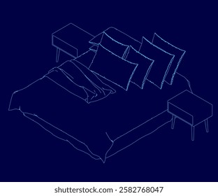 A bed with pillows and a nightstand. The bed is blue and the pillows. Isometric view