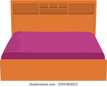 A bed with a pink comforter and a wooden headboard.wooden bed vector illustration isolated on white background.brown bed front view