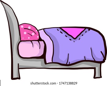 Bed with purple blanket , illustration, vector on white background