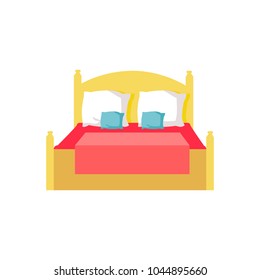 Bed with red blanket, white pillows and blue cushions, wooden furniture with mattress vector illustration isolated on white background