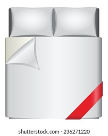 Bed with red ribbon add turned corner blankets. Vector illustration.
