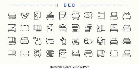 Conjunto de ícones relacionado à cama. Ícones finos da Web. Vetor editável. Pixel perfeito. Conjunto de ícones de linha de vetor de quarto. Contém símbolos de estrutura de tópicos como sono médico, móveis, descanso, quarto e muito mais.