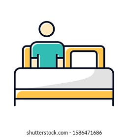 Bed rest color icon. Man relaxing under blanket. Common cold aid. Flu infection help. Influenza virus cure. Healthcare. Leisure and comfort. Person unwell in bedroom. Isolated vector illustration