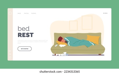 Bed Rest Landing Page Template. Sick Boy Character Sleep With Thermometer In Mouth And Scatter Handkerchiefs around. Little Child Feel So Bad With Fever and Flu. Cartoon People Vector Illustration