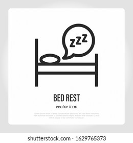 Bed rest thin line icon. Symbol of hostel, motel. Sleep sign. Vector illustration.