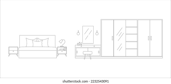 Bed room with dressing table and wardrobe on white background, vector illustration