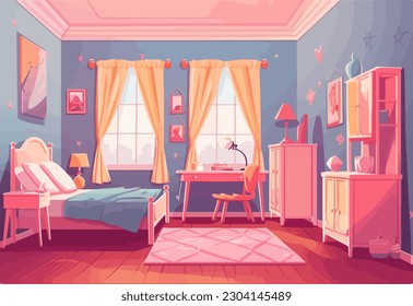 Bed Room Girl Woman Pink Decoration Interior Vector Illusration