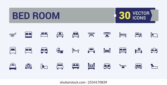 Bed Room icon set. Featuring room, bedroom furniture, table, bedroom, lamp, pillows and more. Minimalist thin linear icon. Editable vector icon and illustration.