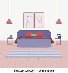 Bed room interior with furniture, houseplants and home decorations.  Flat cartoon vector illustration.