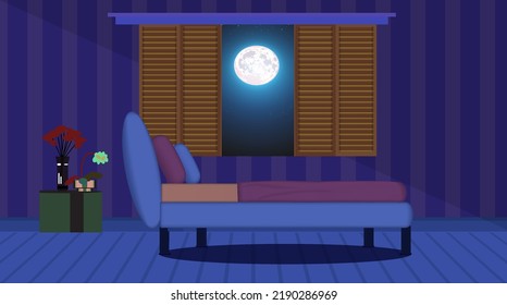 Bed room interiors at night time background with glowing moon light coming inside the room.