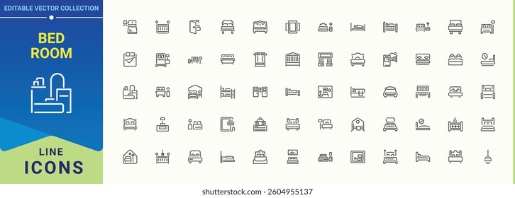 Bed Room vector line icon set. Contains related to bedchamber, furniture, bed, house, couch, living and more. Trendy minimal icons. Room icon set. Editable vector stroke.