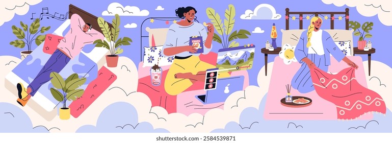 Bed Rotting concept. A serene depiction of relaxation in cozy environments featuring three individuals unwinding in their beds enjoying music, snacks, and leisure time. Comfort and casual lifestyle