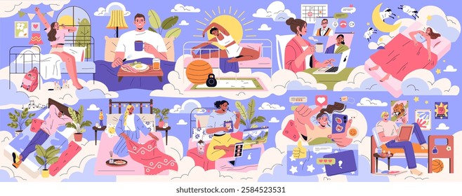 Bed rotting concept. A vibrant expression of relaxation at home capturing various individuals engaging in self-care and leisure activities. Emphasizes the importance of mental wellness and comfort