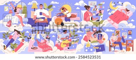 Bed rotting concept. A vibrant expression of relaxation at home capturing various individuals engaging in self-care and leisure activities. Emphasizes the importance of mental wellness and comfort