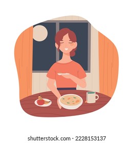 bed routine, woman eating at table