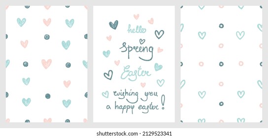 A bed set of cute children's vector patterns and posters with inscriptions on the theme of spring, holidays and Easter. Watercolor doodles and fonts for prints, wrappers, textiles, decor, interior