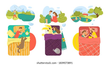 Bed set, night dream in bedroom vector illustration. Man woman flat character sleep with blanket collection, cartoon asleep people see dream. Couple sleep together, comfortable design.