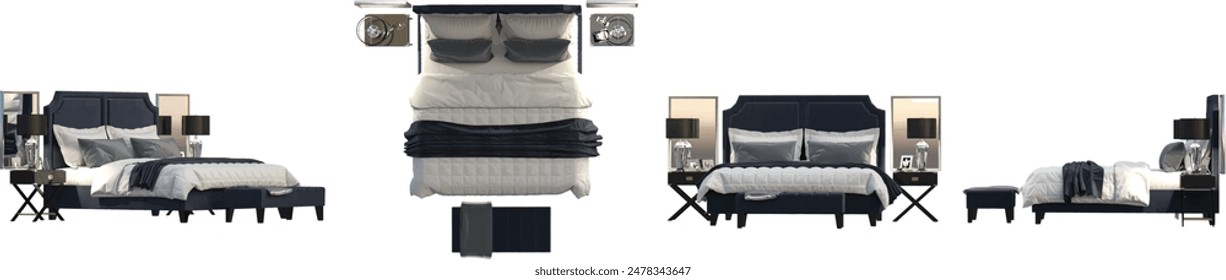 Bed set from various angles in white background