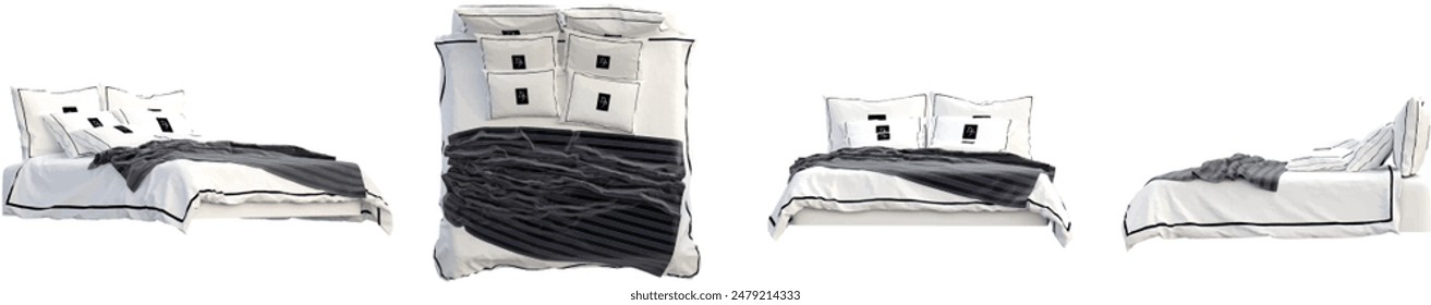Bed set from various angles in white background