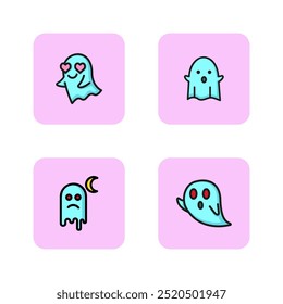 Bed sheet ghosts line icon set. Spirit, phantom, creature. Halloween concept. Vector illustrations can be used for topics like monster, supernatural, poltergeist