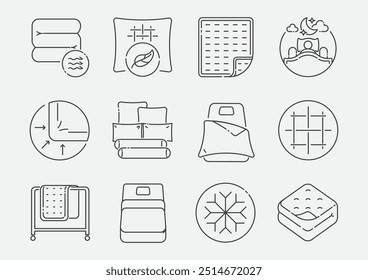 El diseño del conjunto de iconos de sábanas y almohadas con ilustración de línea representa los beneficios del material para dormir.