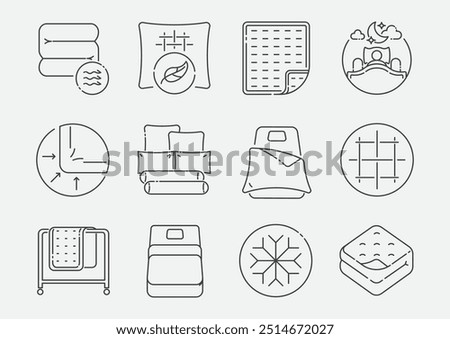 bed sheet and pillow icon set design with line illustration represent benefits of material for sleeping.