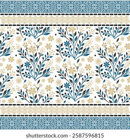 bed sheet texture with repeat floral pattern and ethnic border design for textile graphics

