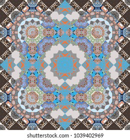 Bed sheets and interior. Colorful ethnic patterned background in blue, brown and gray colors. Seamless abstract vector geometric pattern. Gift wrapping paper. Symmetrical layout.