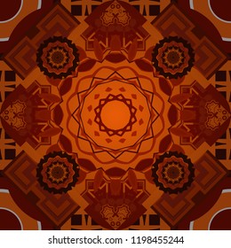 Bed sheets and interior. Colorful ethnic patterned background in orange, brown and red colors. Gift wrapping paper. Symmetrical layout. Seamless abstract vector geometric pattern.
