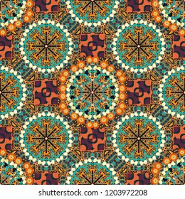 Bed sheets and interior. Colorful ethnic patterned background in yellow, brown and blue colors. Seamless abstract vector geometric pattern. Gift wrapping paper. Symmetrical layout.