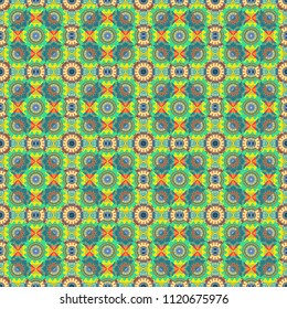 Bed sheets and interior. Gift wrapping paper. Random layout. Ornament made of various pink, red and blue shapes. Seamless abstract geometric pattern.