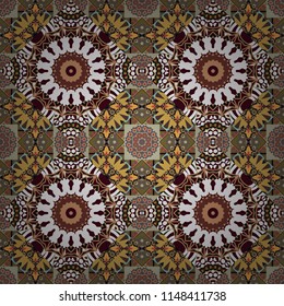 Bed sheets and interior. Gift wrapping paper. Seamless abstract vector geometric pattern. Random layout. Ornament made of various beige, brown and white shapes.