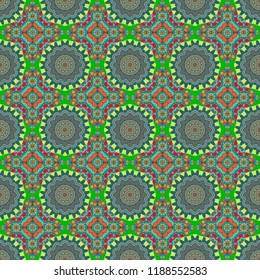 Bed sheets and interior. Gift wrapping paper. Seamless abstract vector geometric pattern. Symmetrical layout. Colorful ethnic patterned background in orange, gray and blue colors.
